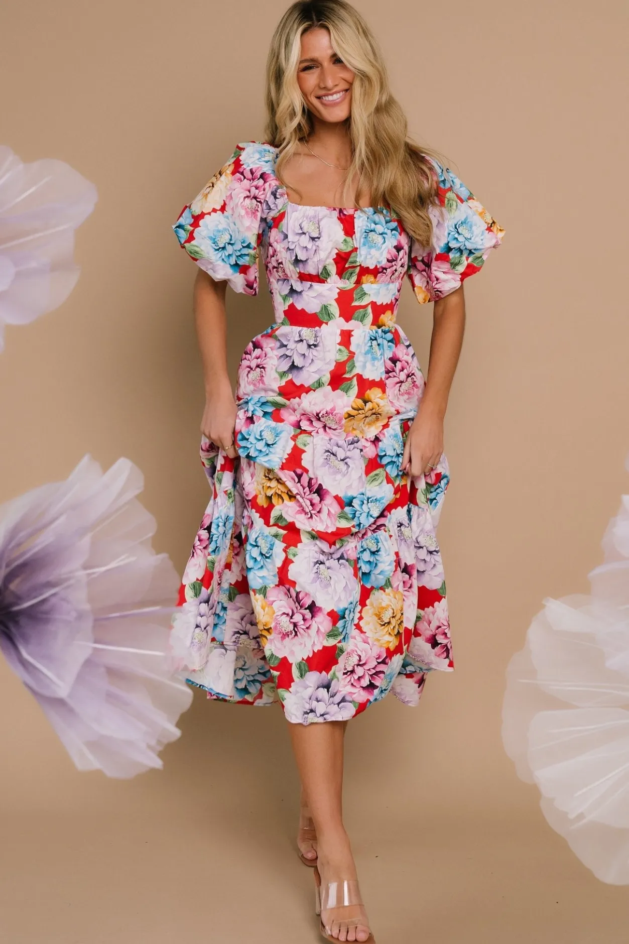 Discount Baltic Born Iva Puff Sleeve Midi Dress | Red Multi Floral RedMultiFloral