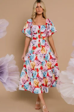Discount Baltic Born Iva Puff Sleeve Midi Dress | Red Multi Floral RedMultiFloral
