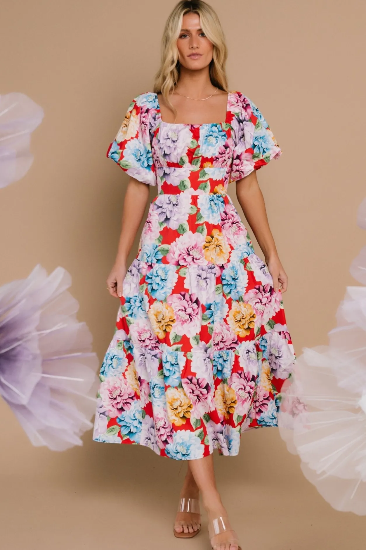 Discount Baltic Born Iva Puff Sleeve Midi Dress | Red Multi Floral RedMultiFloral