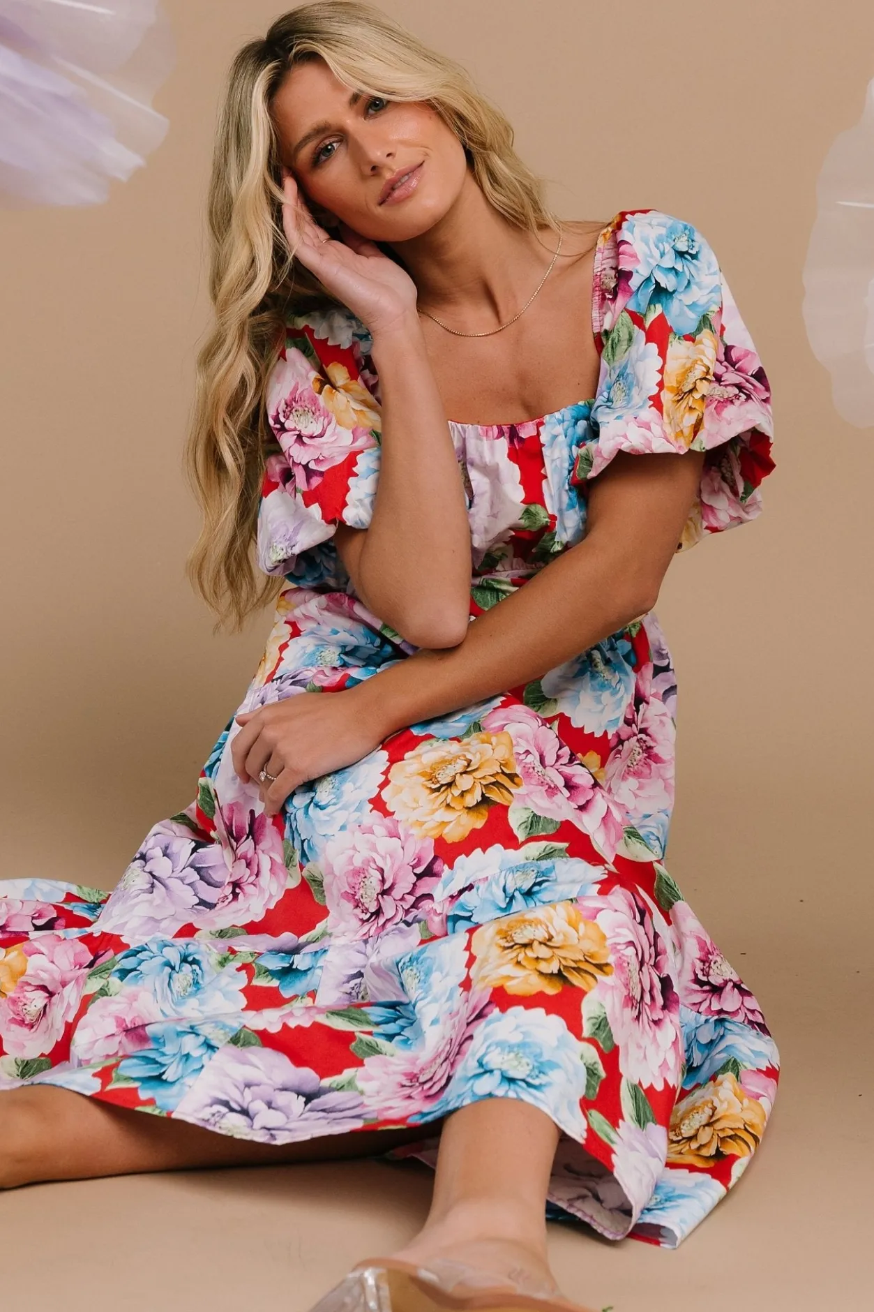 Discount Baltic Born Iva Puff Sleeve Midi Dress | Red Multi Floral RedMultiFloral