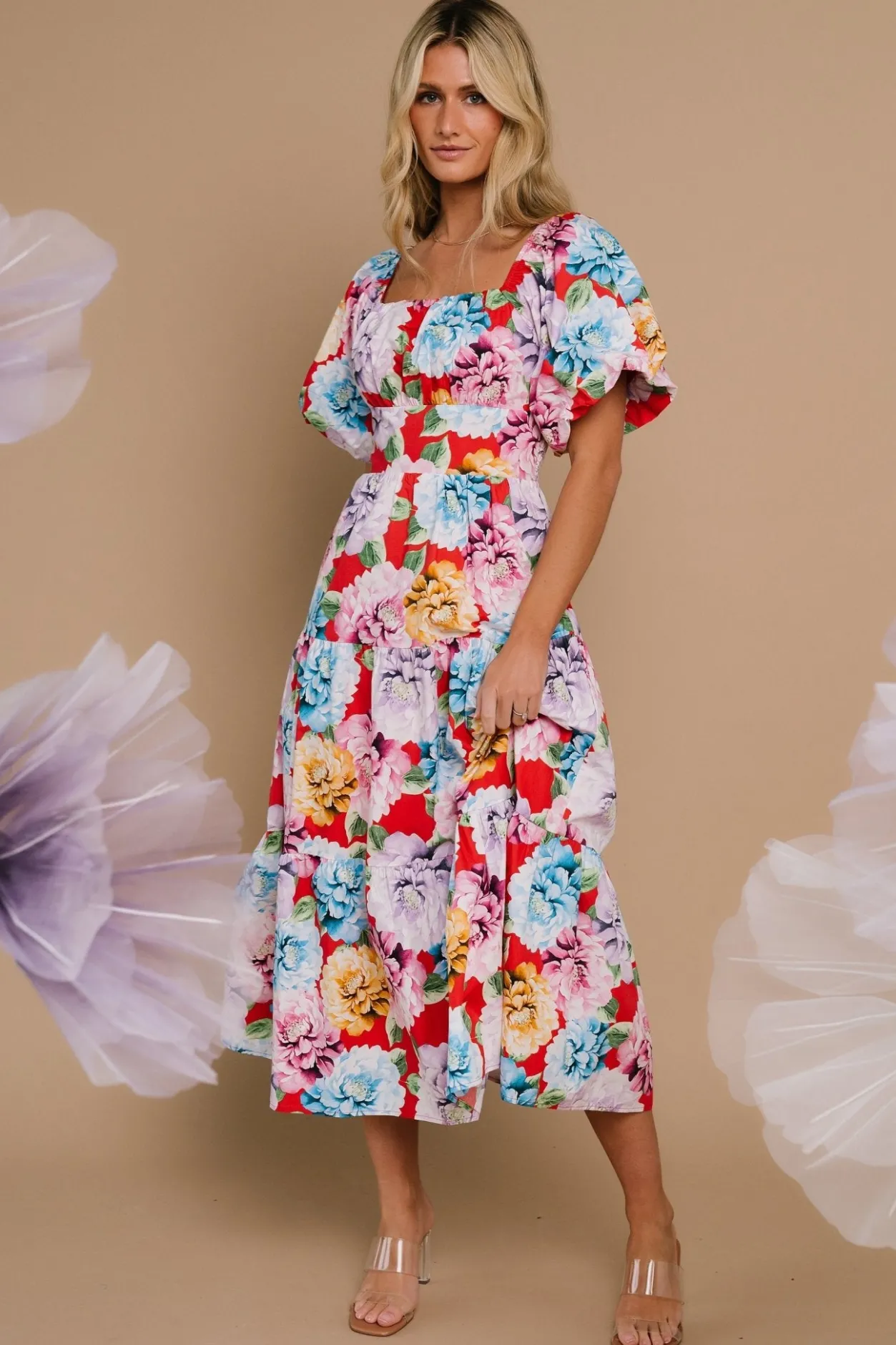 Discount Baltic Born Iva Puff Sleeve Midi Dress | Red Multi Floral RedMultiFloral