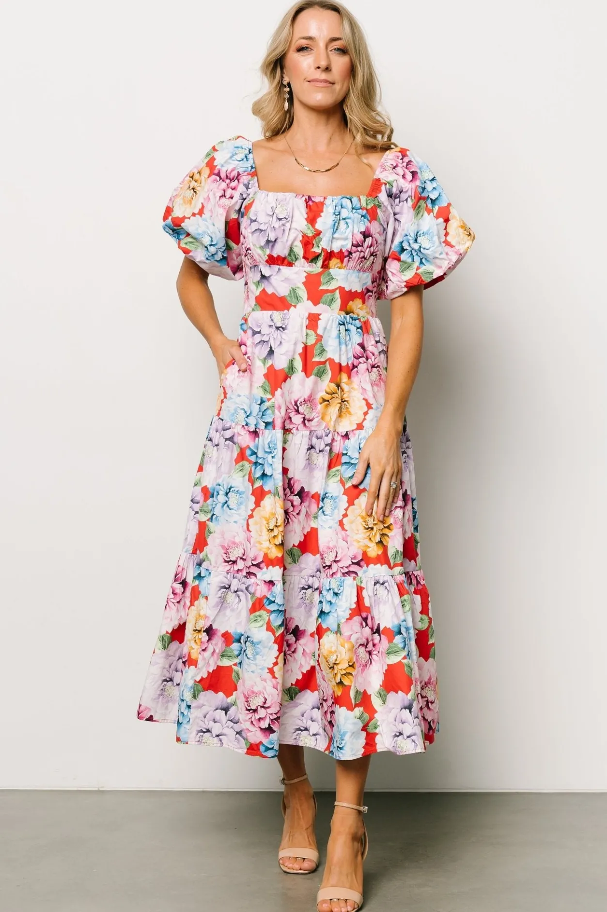 Discount Baltic Born Iva Puff Sleeve Midi Dress | Red Multi Floral RedMultiFloral