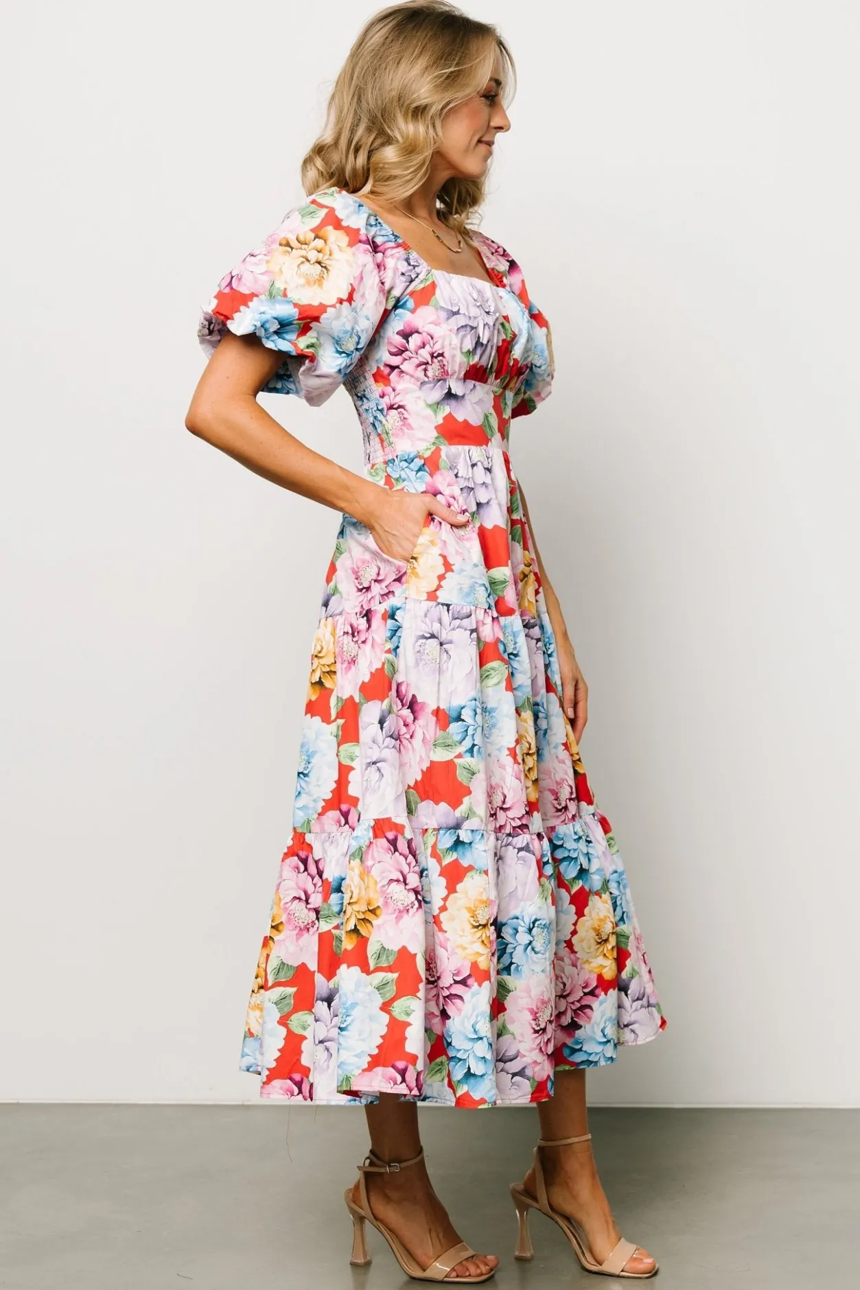 Discount Baltic Born Iva Puff Sleeve Midi Dress | Red Multi Floral RedMultiFloral