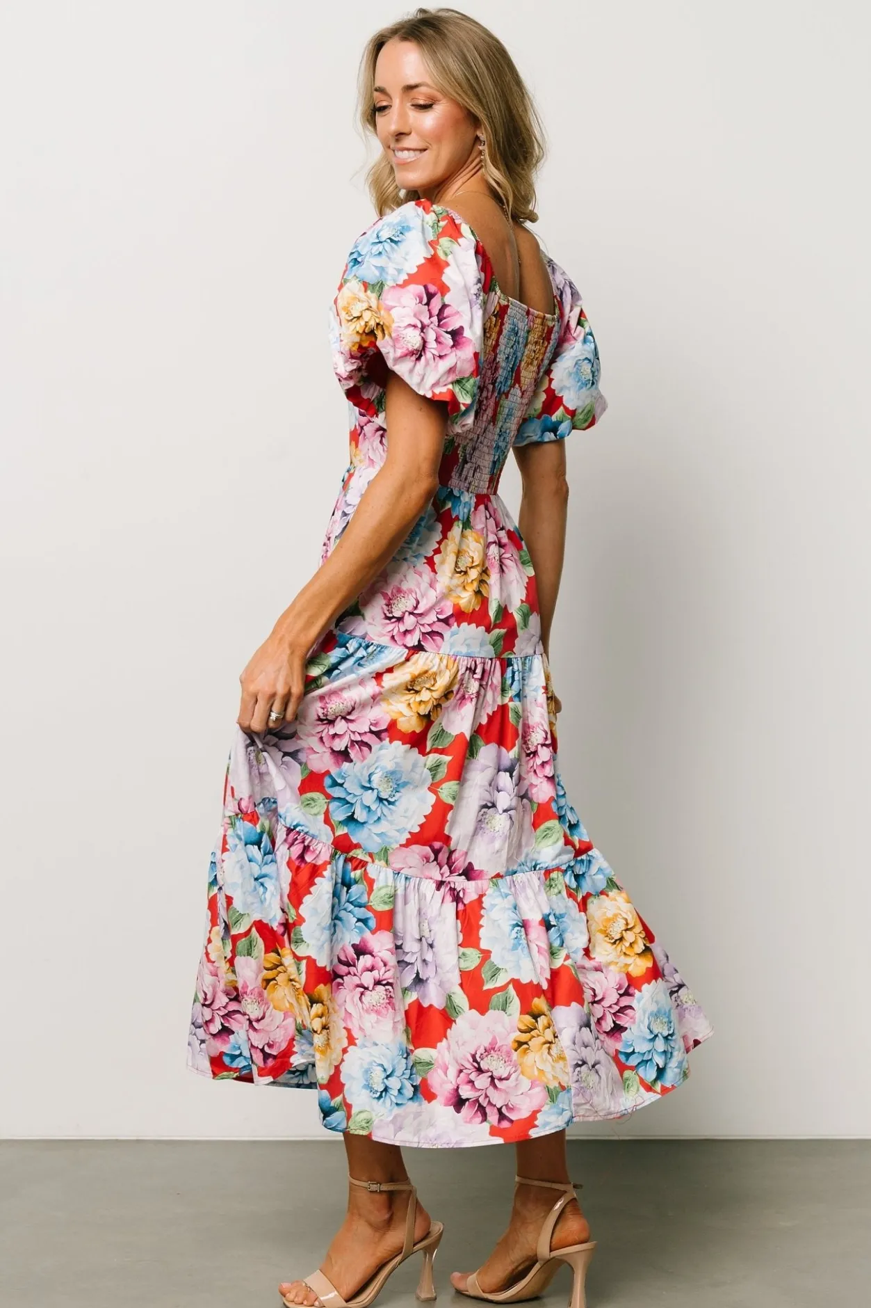 Discount Baltic Born Iva Puff Sleeve Midi Dress | Red Multi Floral RedMultiFloral