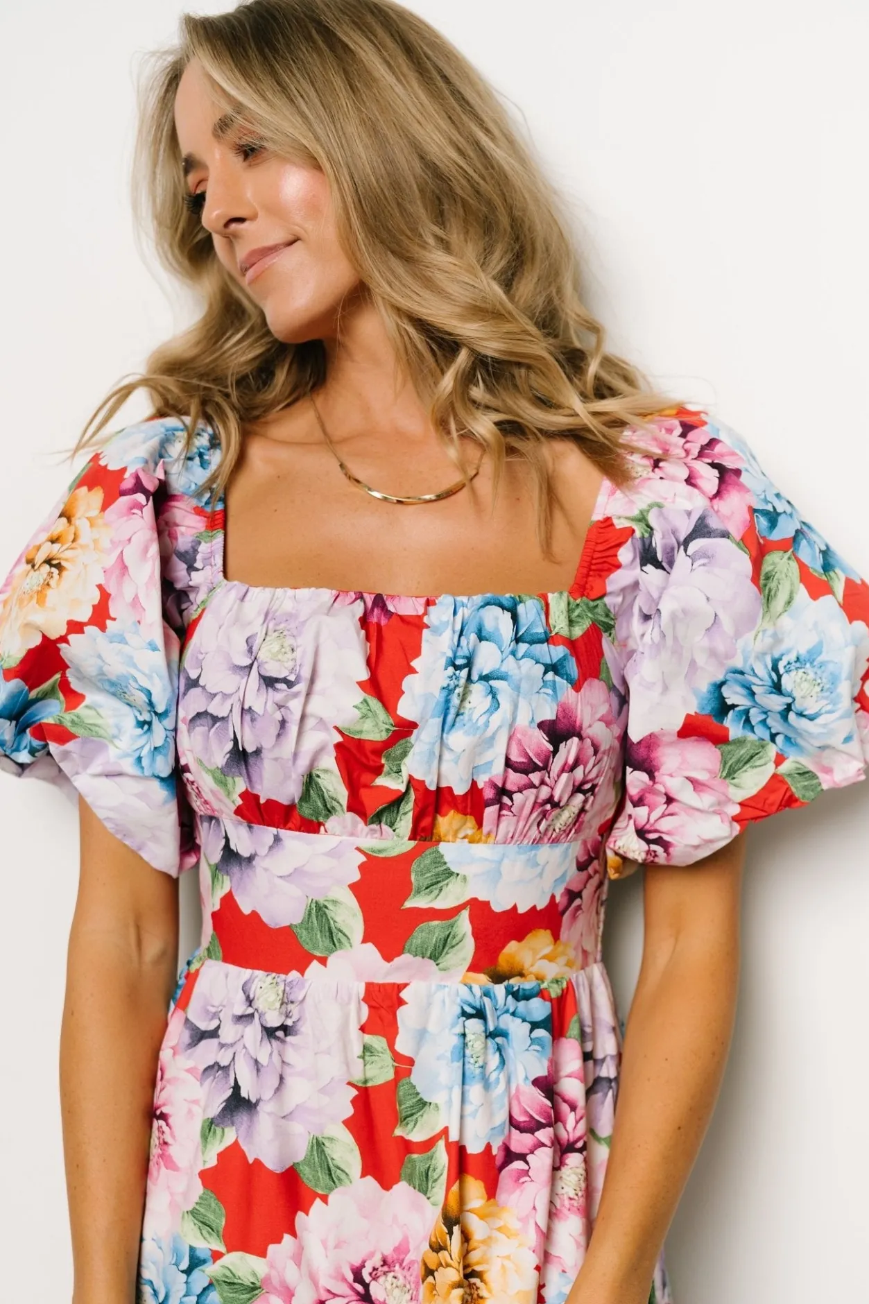 Discount Baltic Born Iva Puff Sleeve Midi Dress | Red Multi Floral RedMultiFloral