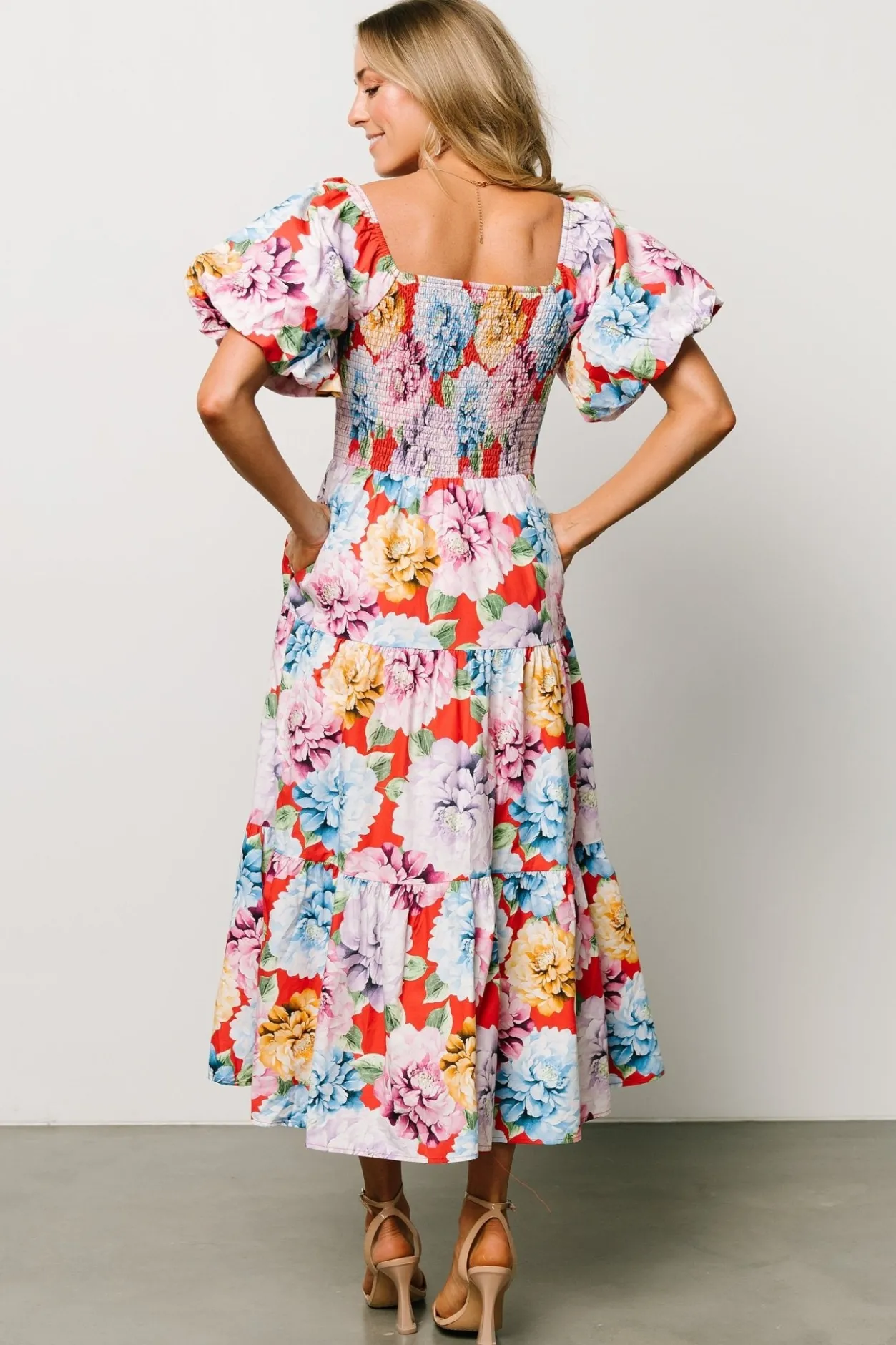 Discount Baltic Born Iva Puff Sleeve Midi Dress | Red Multi Floral RedMultiFloral