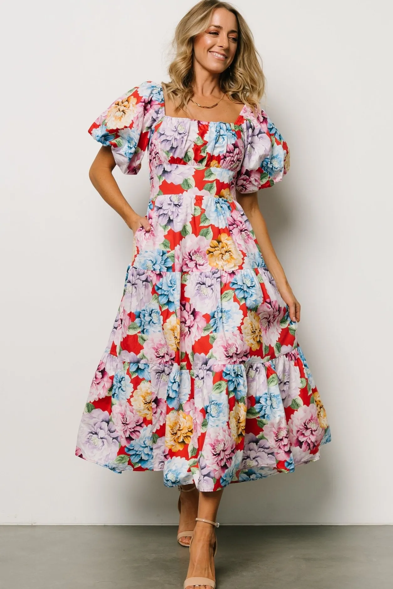 Discount Baltic Born Iva Puff Sleeve Midi Dress | Red Multi Floral RedMultiFloral
