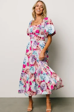 New Baltic Born Iva Puff Sleeve Midi Dress | Fuchsia Multi Floral FuchsiaMultiFloral