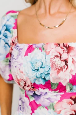 New Baltic Born Iva Puff Sleeve Midi Dress | Fuchsia Multi Floral FuchsiaMultiFloral