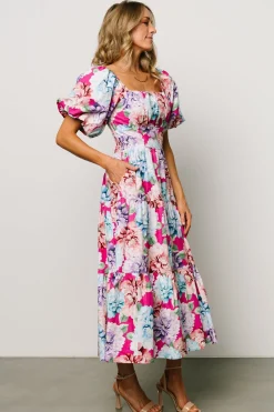 New Baltic Born Iva Puff Sleeve Midi Dress | Fuchsia Multi Floral FuchsiaMultiFloral