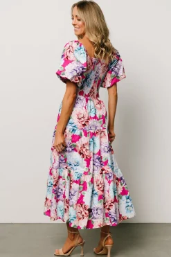 New Baltic Born Iva Puff Sleeve Midi Dress | Fuchsia Multi Floral FuchsiaMultiFloral