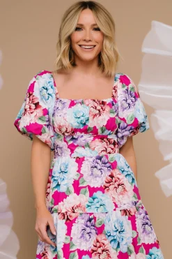 New Baltic Born Iva Puff Sleeve Midi Dress | Fuchsia Multi Floral FuchsiaMultiFloral