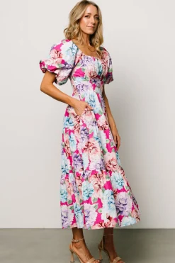 New Baltic Born Iva Puff Sleeve Midi Dress | Fuchsia Multi Floral FuchsiaMultiFloral