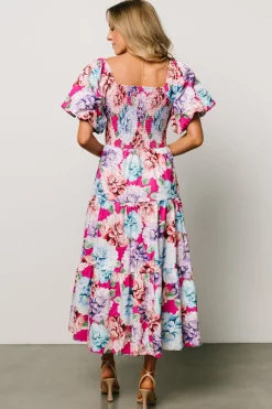 New Baltic Born Iva Puff Sleeve Midi Dress | Fuchsia Multi Floral FuchsiaMultiFloral