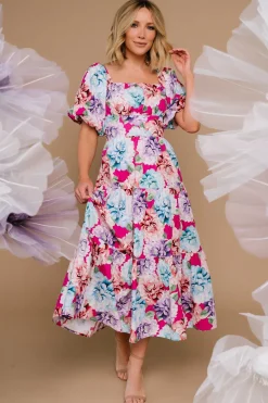 New Baltic Born Iva Puff Sleeve Midi Dress | Fuchsia Multi Floral FuchsiaMultiFloral
