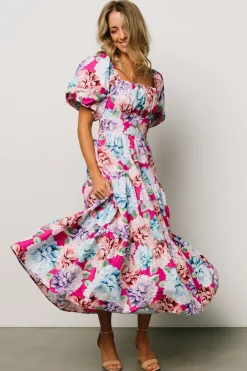 New Baltic Born Iva Puff Sleeve Midi Dress | Fuchsia Multi Floral FuchsiaMultiFloral