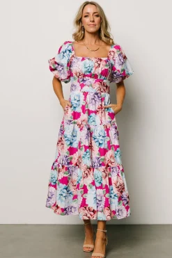 New Baltic Born Iva Puff Sleeve Midi Dress | Fuchsia Multi Floral FuchsiaMultiFloral