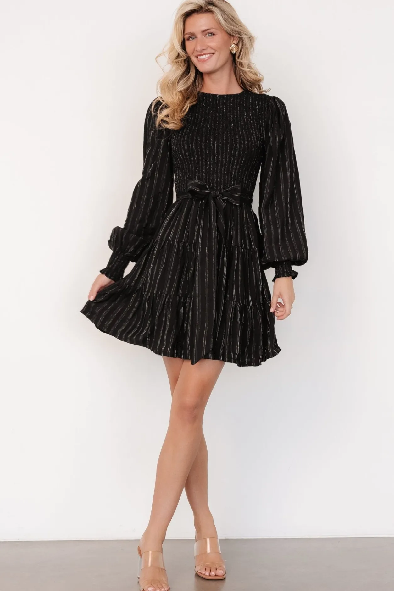 Fashion Baltic Born Ivey Smocked Short Dress | Black + Silver Black+Silver