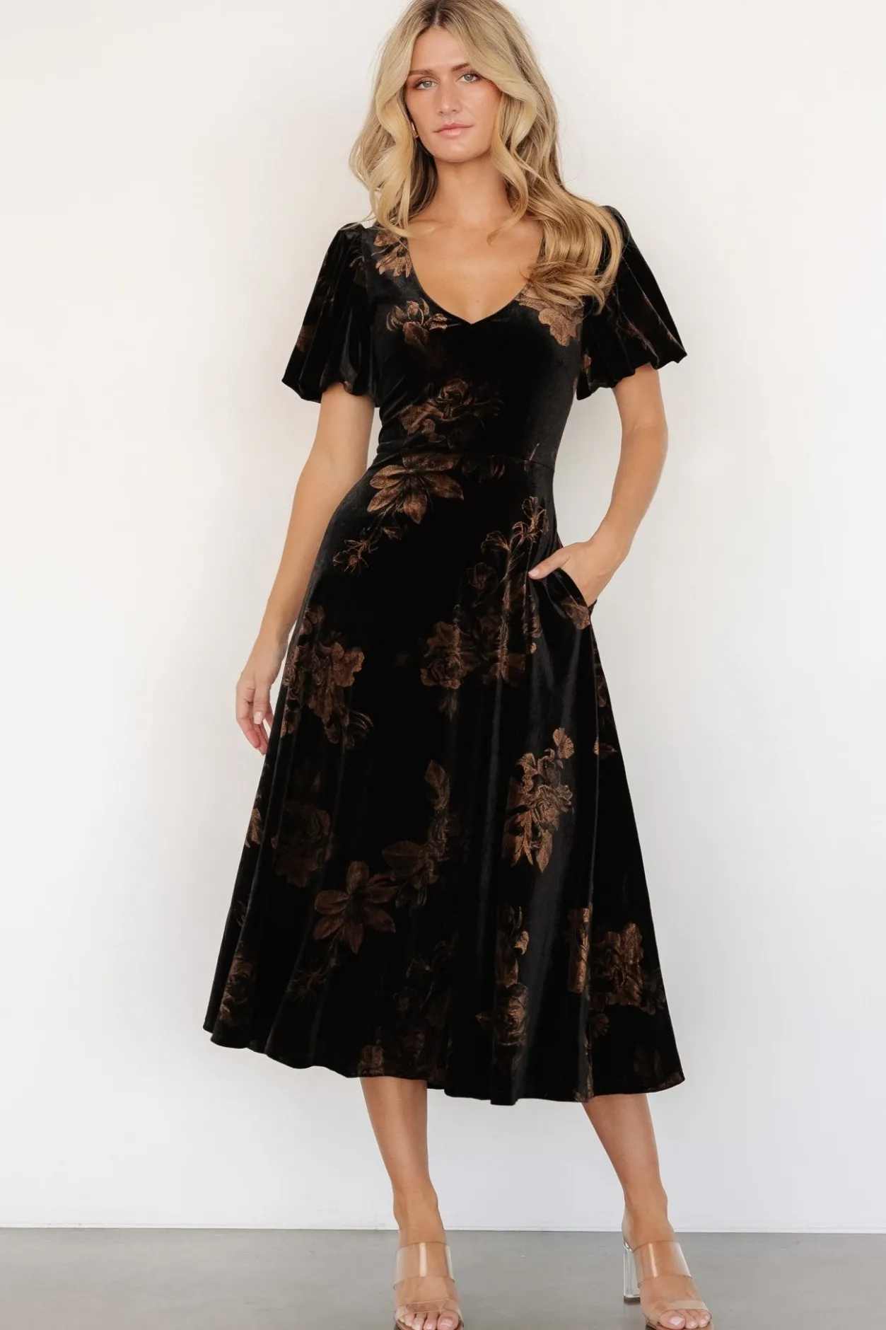 Hot Baltic Born Janna Velvet Midi Dress | Black + Bronze Floral Black+BronzeFloral