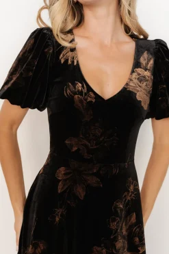 Hot Baltic Born Janna Velvet Midi Dress | Black + Bronze Floral Black+BronzeFloral