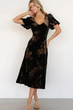 Hot Baltic Born Janna Velvet Midi Dress | Black + Bronze Floral Black+BronzeFloral