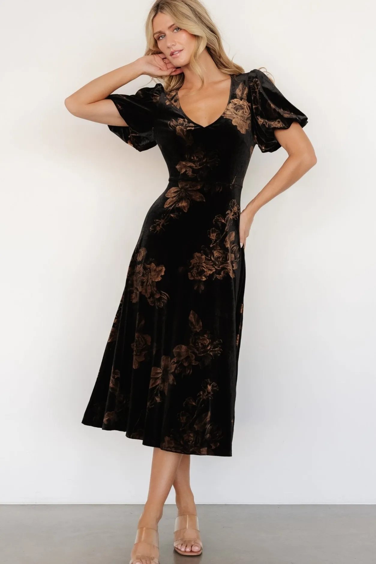 Hot Baltic Born Janna Velvet Midi Dress | Black + Bronze Floral Black+BronzeFloral