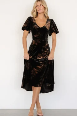 Hot Baltic Born Janna Velvet Midi Dress | Black + Bronze Floral Black+BronzeFloral