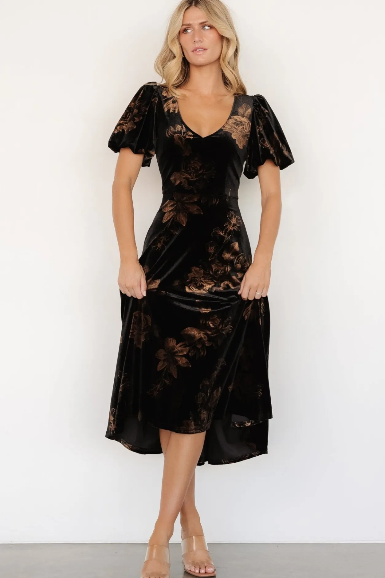 Hot Baltic Born Janna Velvet Midi Dress | Black + Bronze Floral Black+BronzeFloral