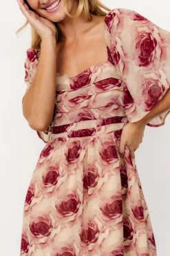Sale Baltic Born Jaycee Pleated Short Dress | Cream + Burgundy Floral Cream+BurgundyFloral