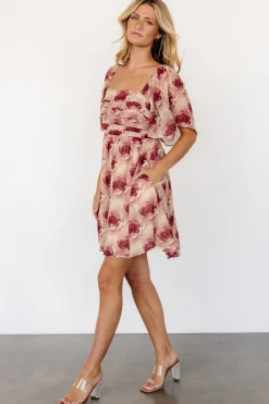 Sale Baltic Born Jaycee Pleated Short Dress | Cream + Burgundy Floral Cream+BurgundyFloral