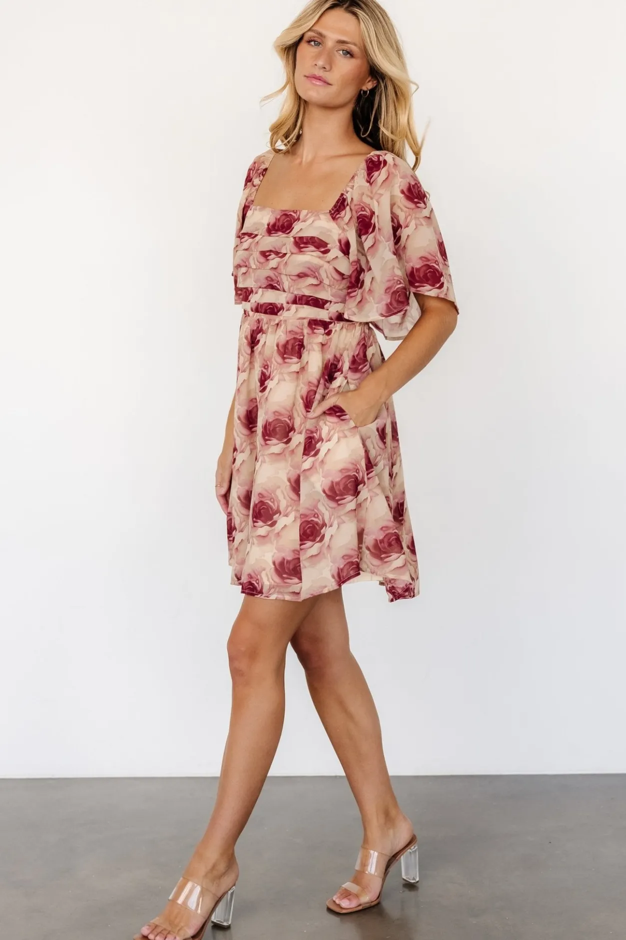 Sale Baltic Born Jaycee Pleated Short Dress | Cream + Burgundy Floral Cream+BurgundyFloral