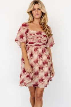 Sale Baltic Born Jaycee Pleated Short Dress | Cream + Burgundy Floral Cream+BurgundyFloral
