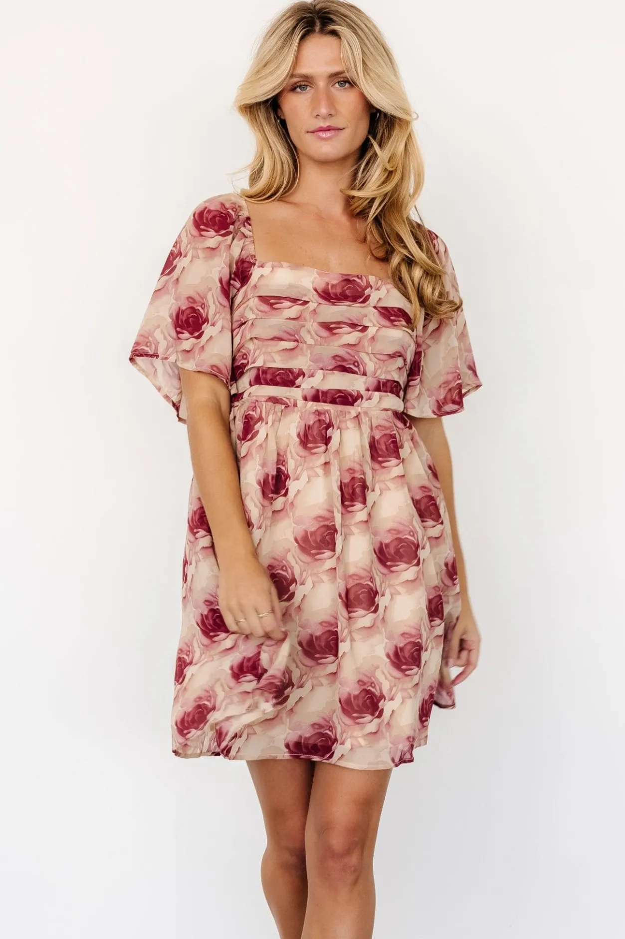 Sale Baltic Born Jaycee Pleated Short Dress | Cream + Burgundy Floral Cream+BurgundyFloral