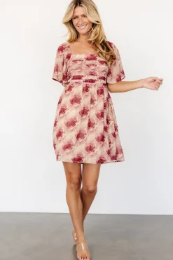 Sale Baltic Born Jaycee Pleated Short Dress | Cream + Burgundy Floral Cream+BurgundyFloral