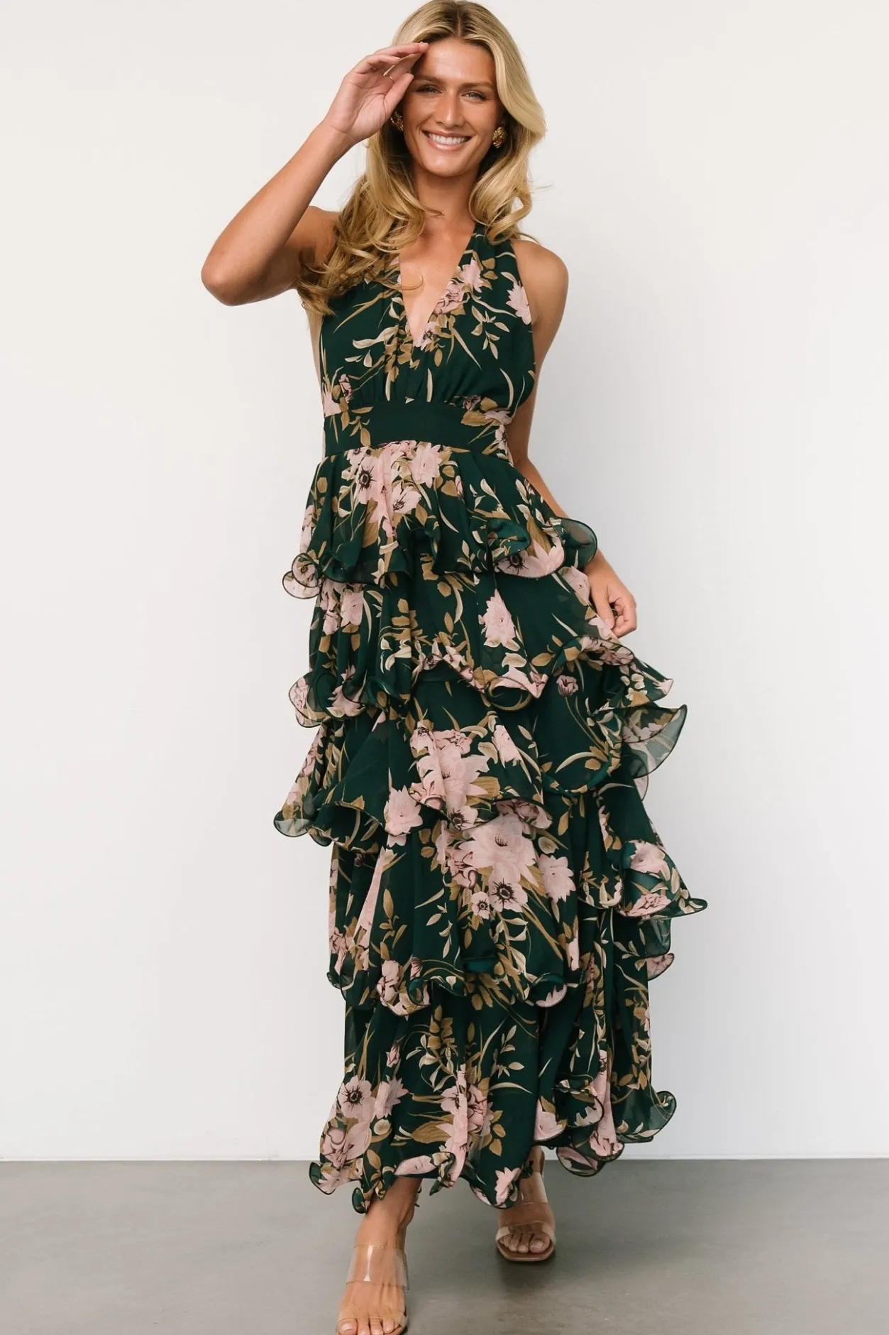 Clearance Baltic Born Jesslyn Open Back Tiered Maxi Dress | Green + Pink Green+Pink