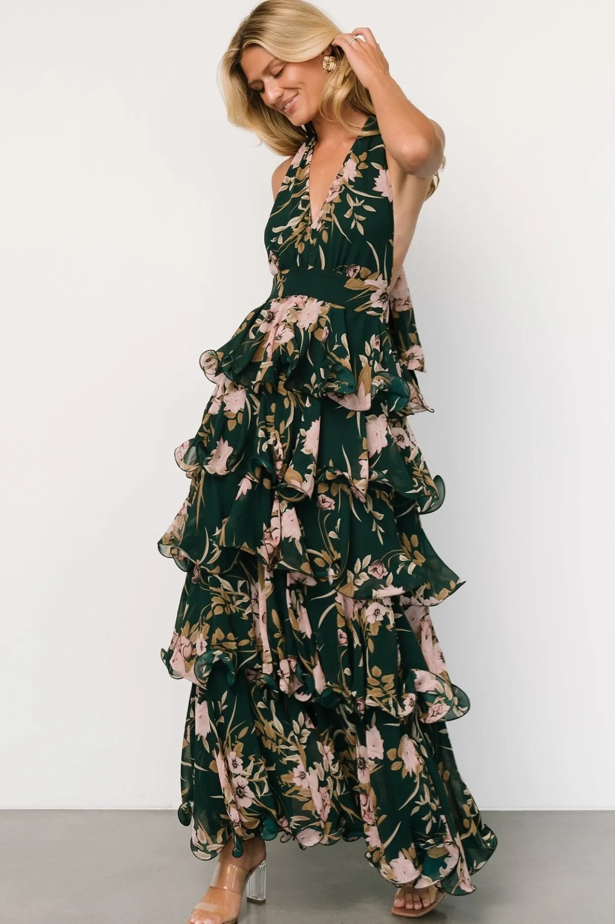 Clearance Baltic Born Jesslyn Open Back Tiered Maxi Dress | Green + Pink Green+Pink