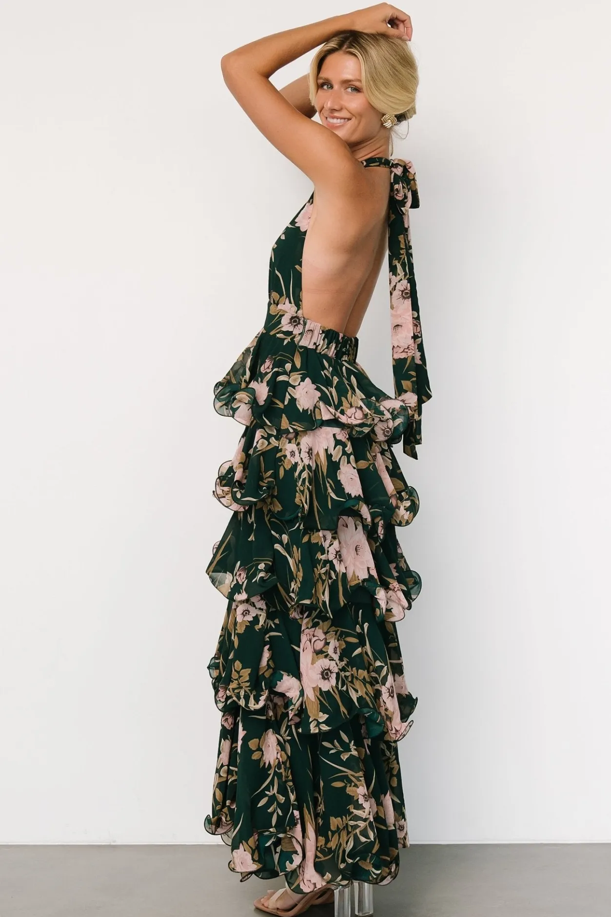 Clearance Baltic Born Jesslyn Open Back Tiered Maxi Dress | Green + Pink Green+Pink