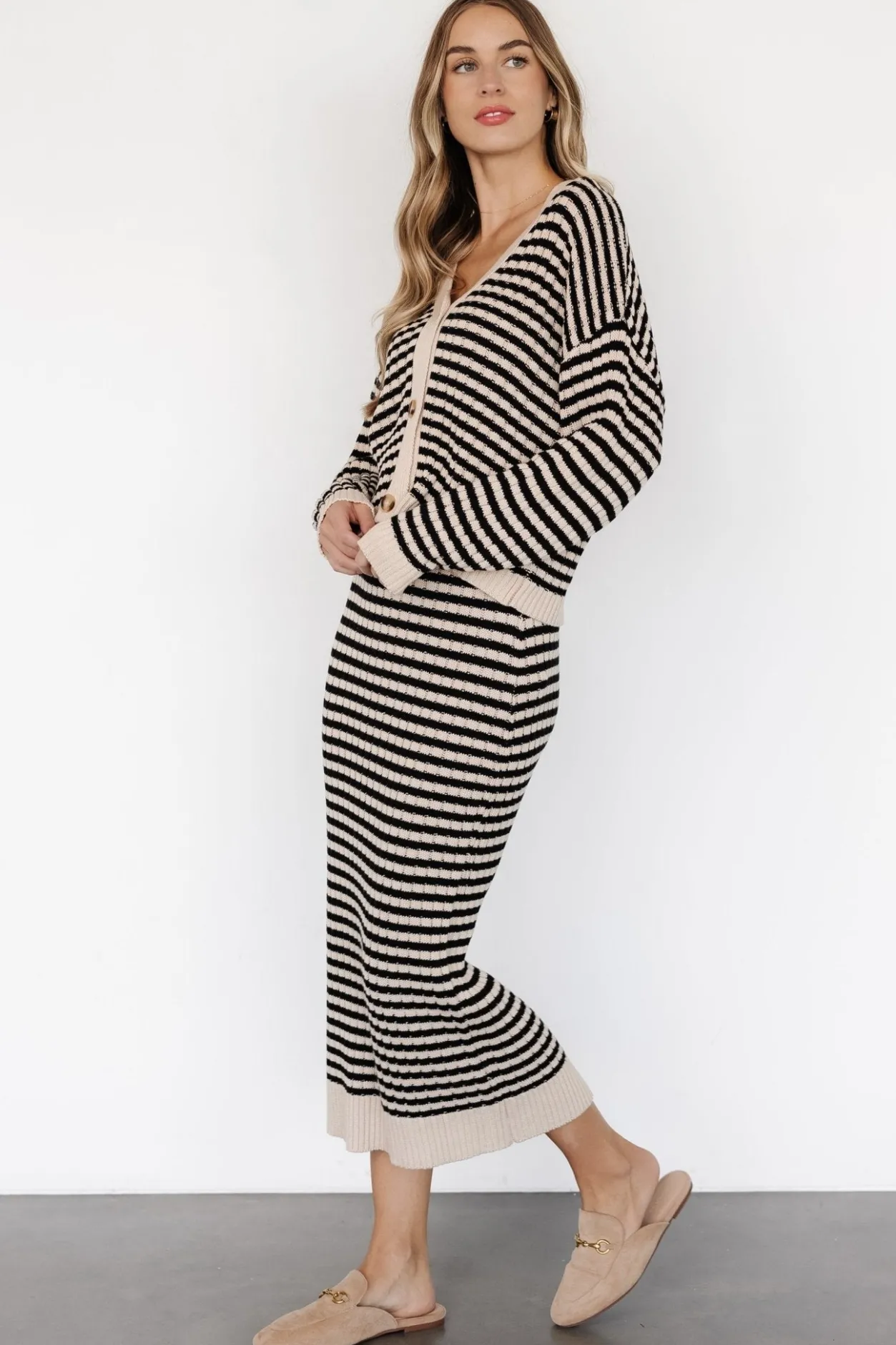 Discount Baltic Born Justina Striped Knit Cardigan | Black + Cream Black+Cream