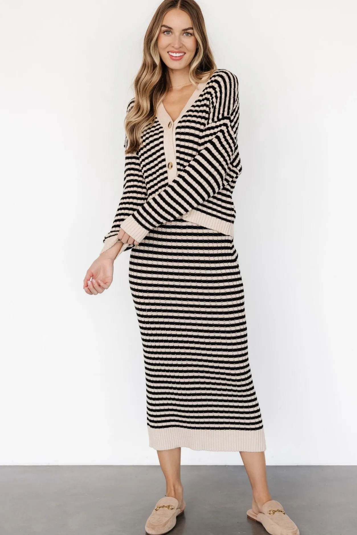Discount Baltic Born Justina Striped Knit Cardigan | Black + Cream Black+Cream