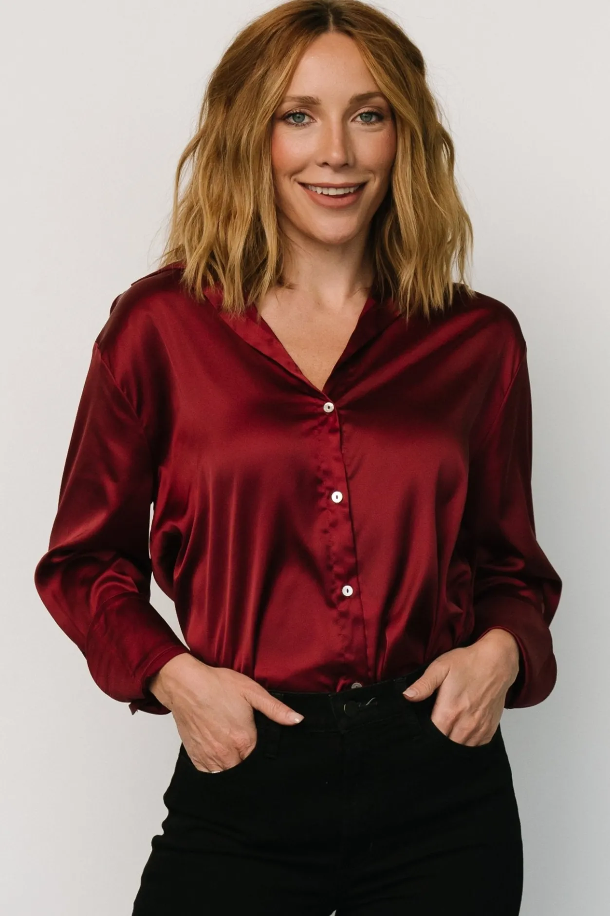 Best Baltic Born Kacey Satin Button Up Top | Burgundy