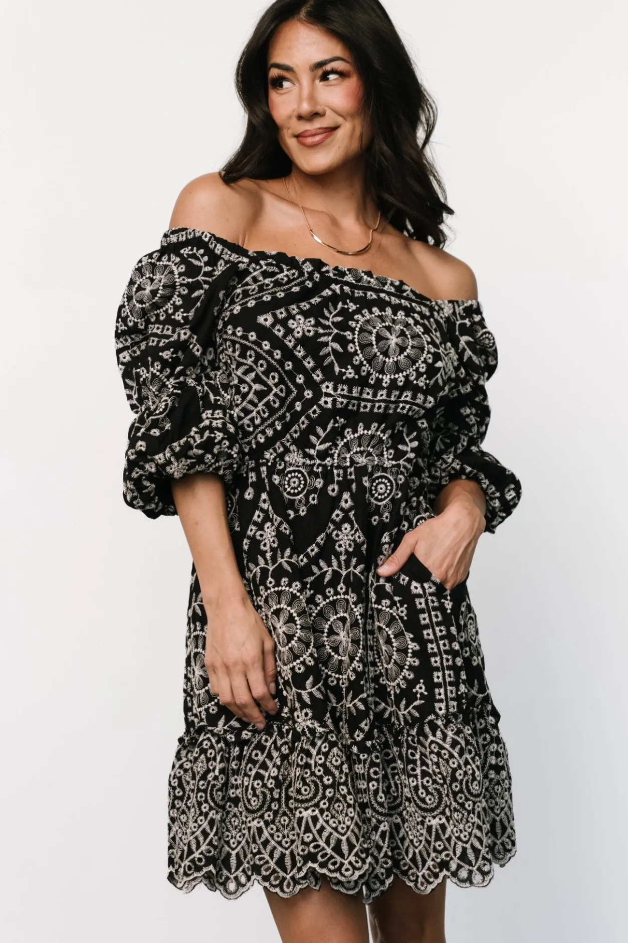 Hot Baltic Born Katina Embroidered Short Dress | Black + White Black+White