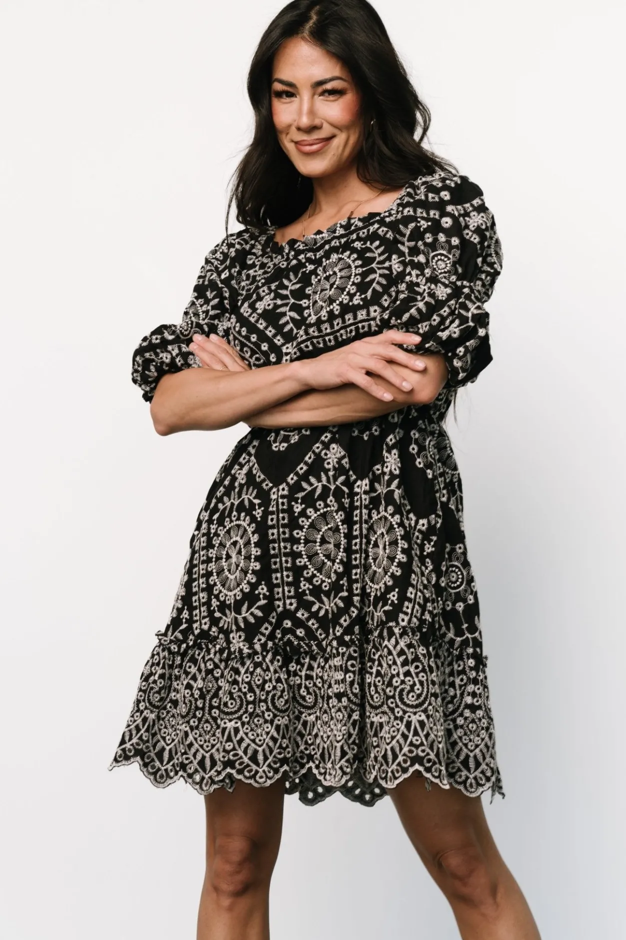 Hot Baltic Born Katina Embroidered Short Dress | Black + White Black+White