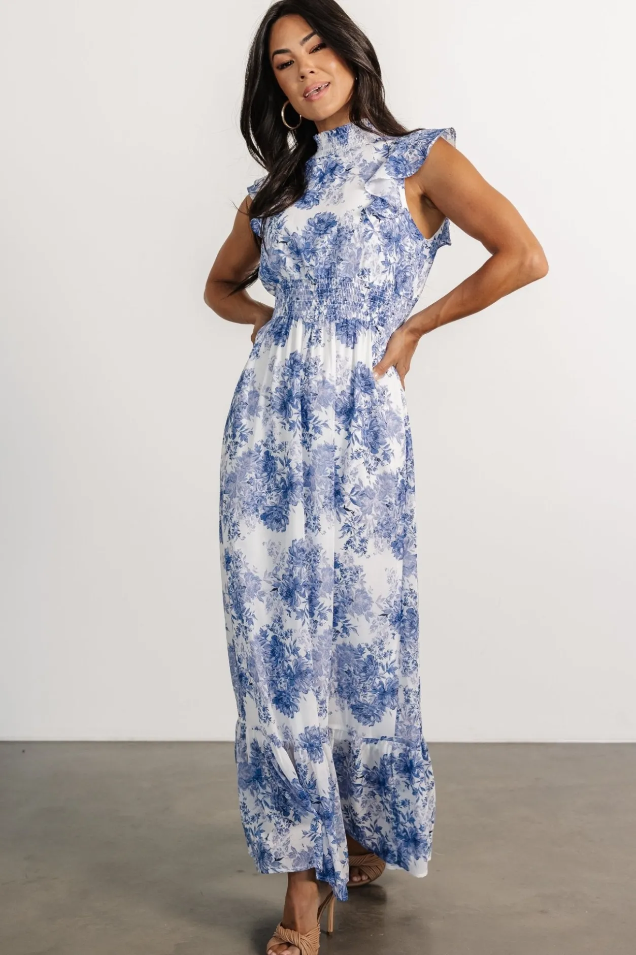 Sale Baltic Born Kearny Ruffle Maxi Dress | White + Blue Floral White+BlueFloral