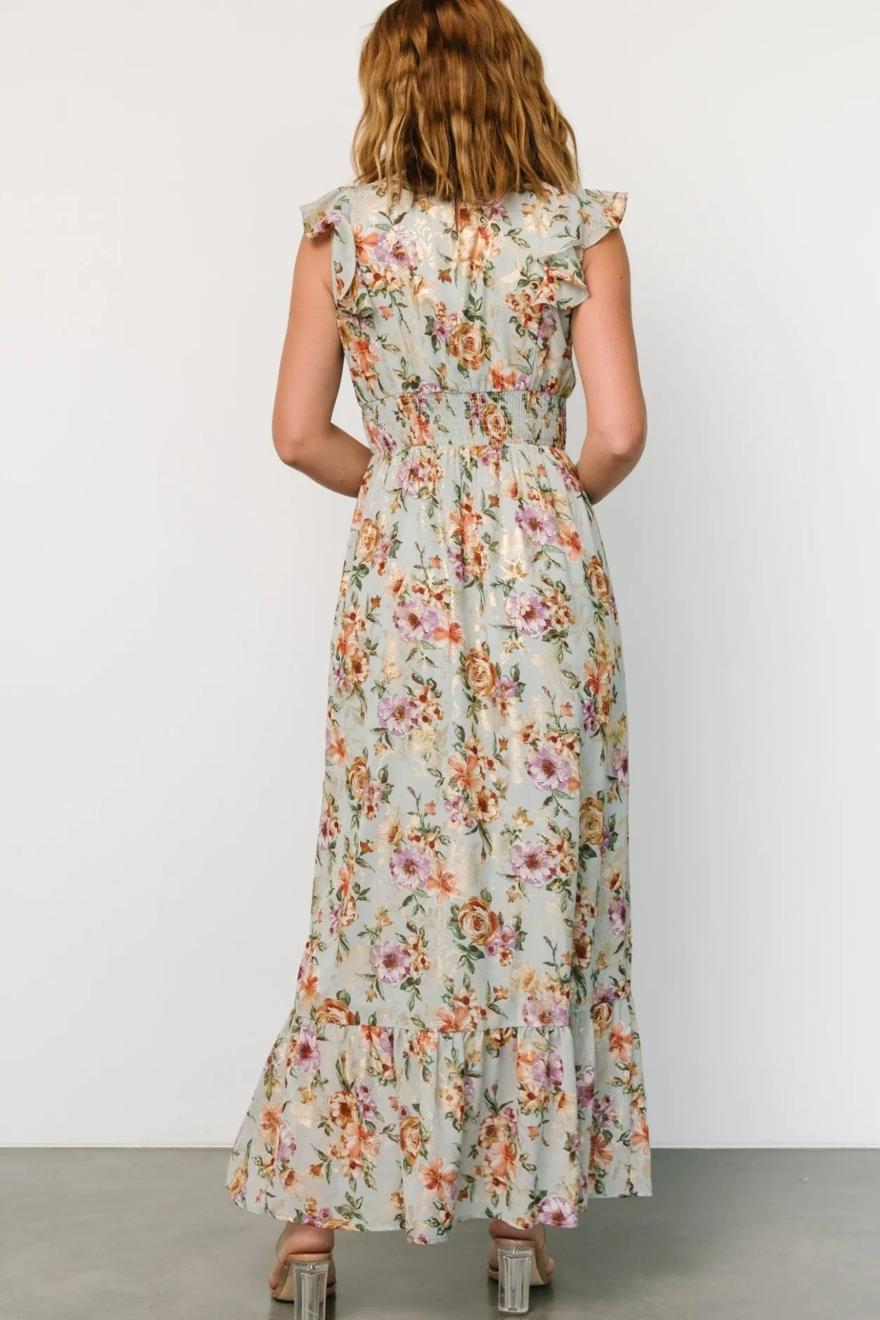 Clearance Baltic Born Kearny Ruffle Maxi Dress | Light Blue Floral + Gold LightBlueFloral+Gold