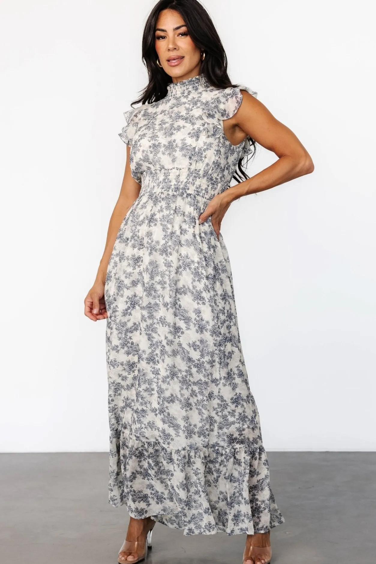 Hot Baltic Born Kearny Ruffle Maxi Dress | Cream + Navy Floral Cream+NavyFloral
