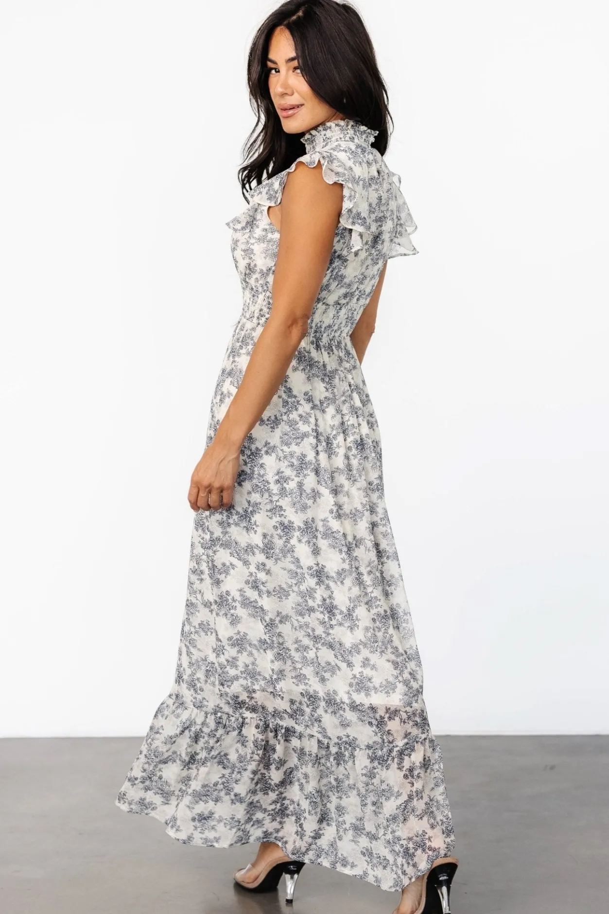 Hot Baltic Born Kearny Ruffle Maxi Dress | Cream + Navy Floral Cream+NavyFloral