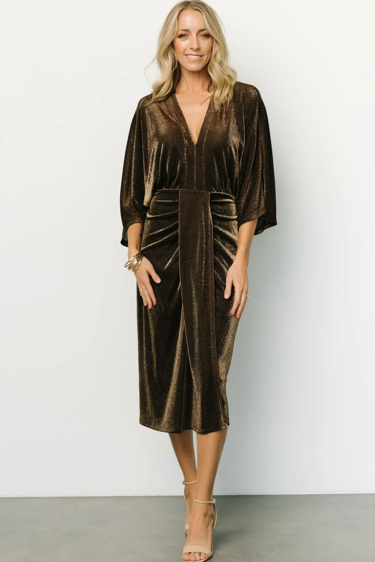 New Baltic Born Kleo Ruched Midi Dress | Bronze Shimmer BronzeShimmer