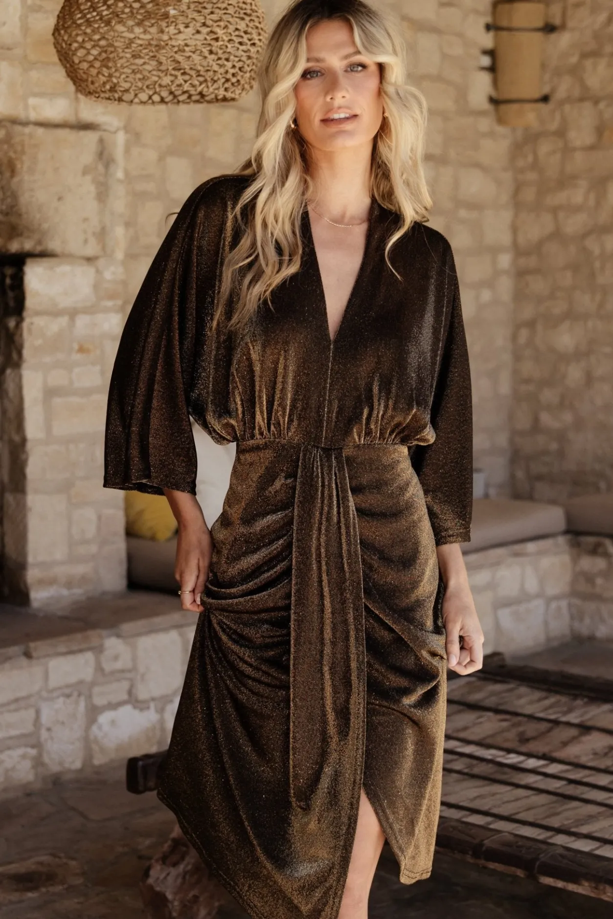 New Baltic Born Kleo Ruched Midi Dress | Bronze Shimmer BronzeShimmer