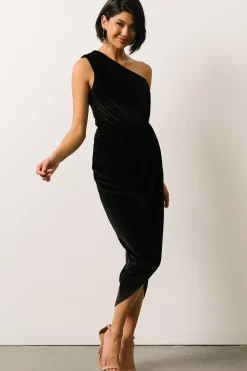 Fashion Baltic Born Kourtney Velvet One Shoulder Midi Dress | Black