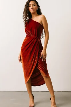 New Baltic Born Kourtney Velvet One Shoulder Midi Dress | Rust
